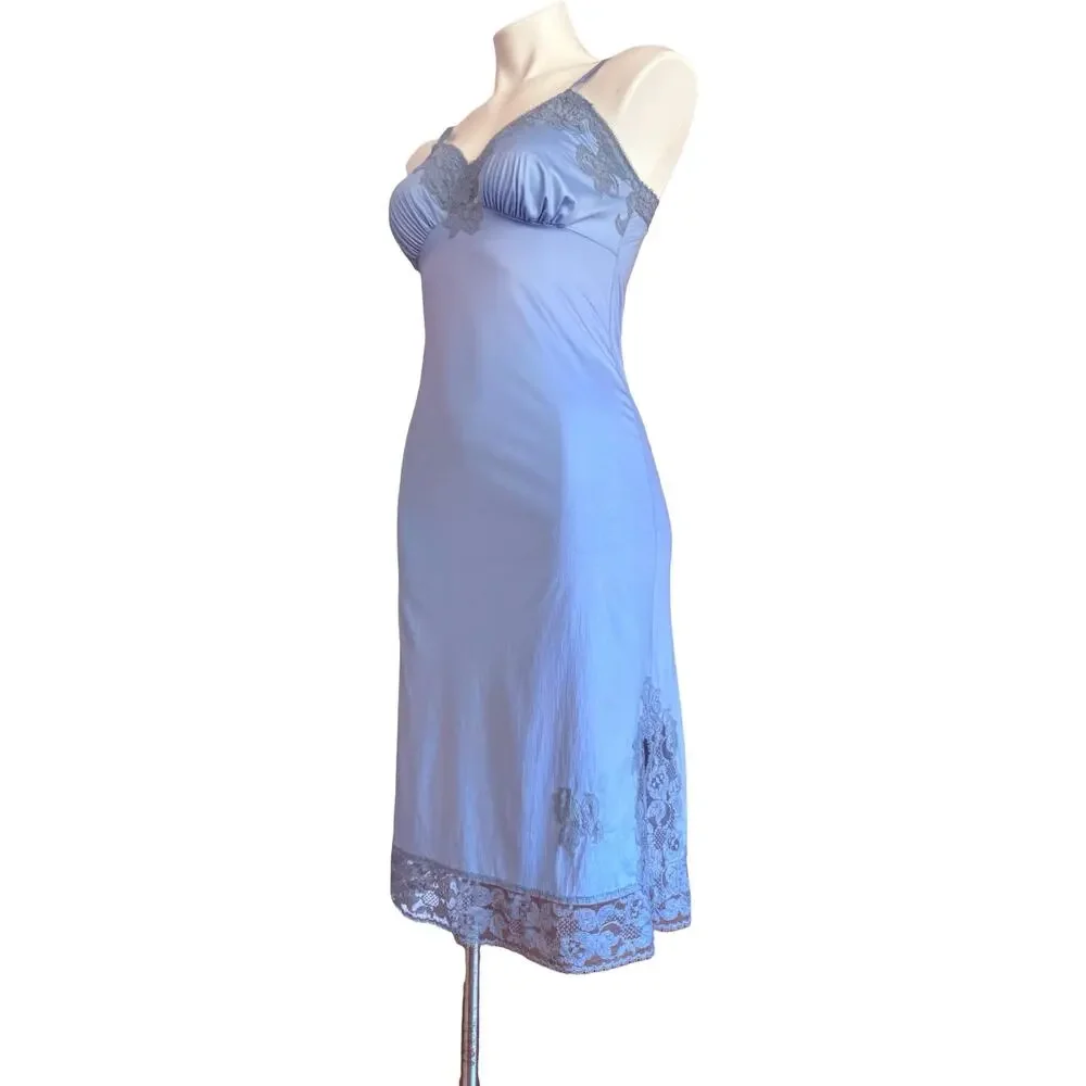 Vintage 60s Van Raalte Periwinkle Blue Nylon Slip Lace Applique Side Slit Sz 32